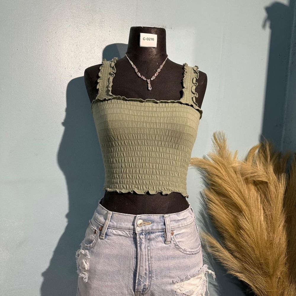 Hollister Sage Green Smocked Ruffle Crop Tank Top XS